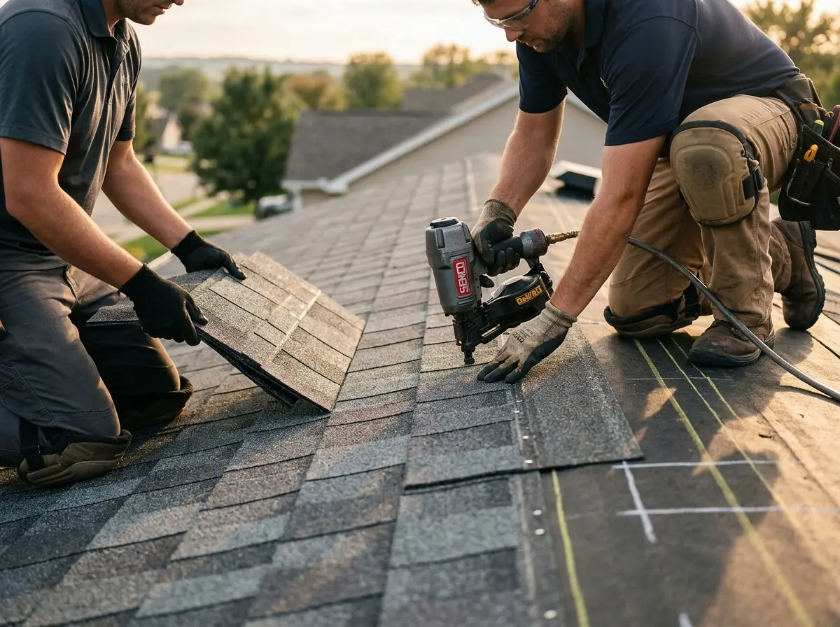 Professional roofer working on a residential roof in Alliance